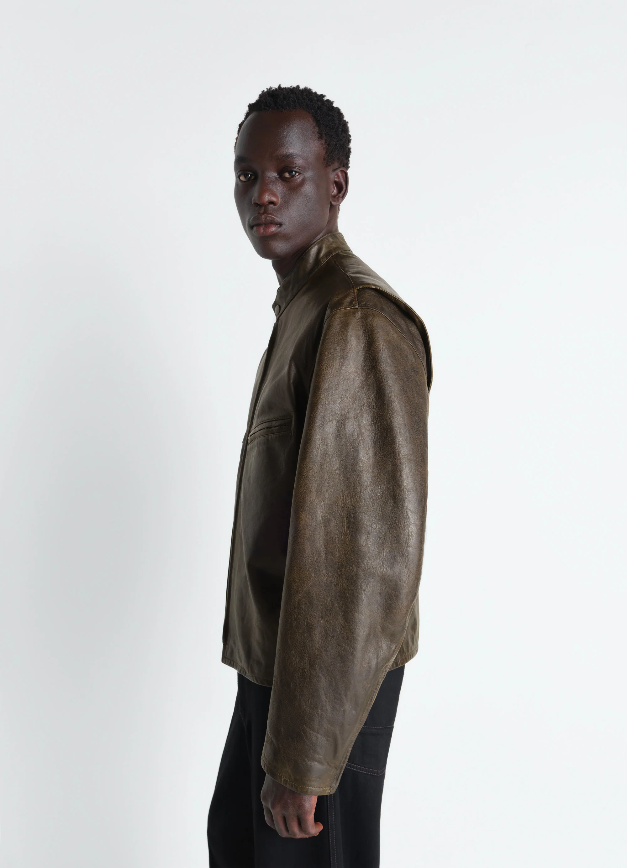 BOXY BIKER JACKET IN WAXY COW LEATHER - Image 3